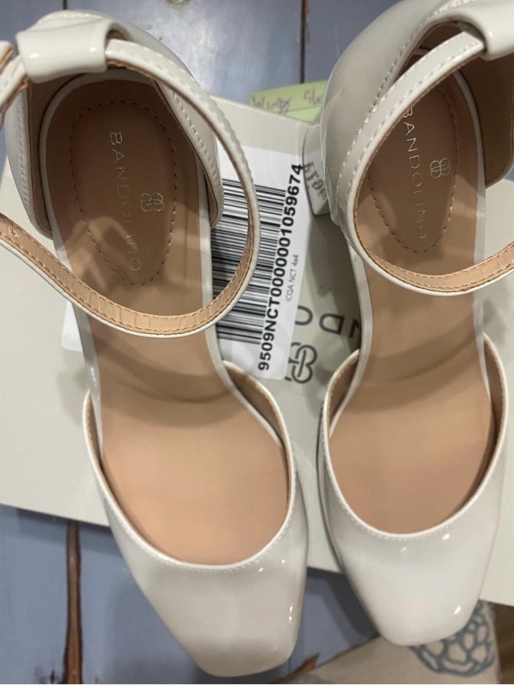 Bandolino White Patent Ankle Strap Block Heel Pumps